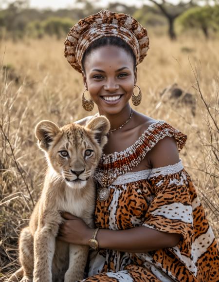 Create a photo of a beautiful young smiling African zulu woman wearing a beautiful Dress with a small baby lion in the savanna, looking at the viewer, close up, photo-realistic, Film light, Hyper detailed, Hyper realistic, atmospheric, High resolution, 8k, HDR, 500px, FUJIFILM, animal, fashion, stylish, by Saroj Sahu, Contentmentism