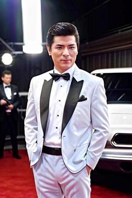 a men as a movie star, (portrait:1.2), (half body:1.2),(face focus:1), white hair,modelshoot style, (extremely detailed CG unity 8k wallpaper), Intricate, High Detail, Sharp focus, dramatic,((movie premiere gala)), ((standing on the red carpet)), ((paparazzi in the background)), (looking at viewer), (detailed pupils:1.2), (elegant suit:1.3),  <lora:longfang:0.8>