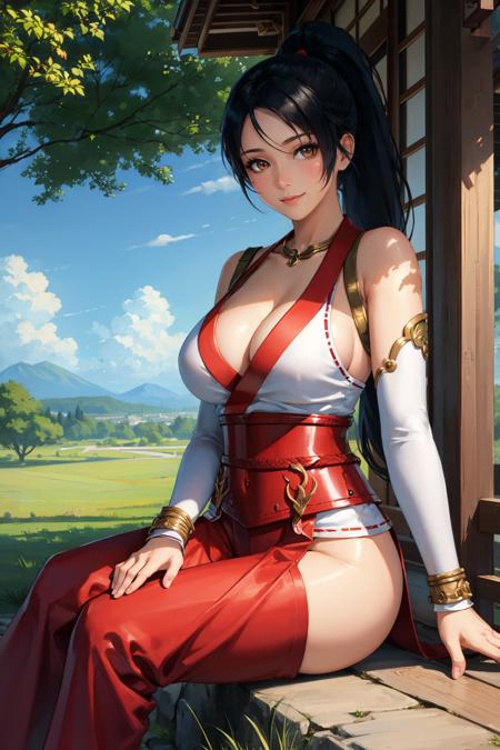 doamomiji, ponytail sleeveless shirt, cleavage, sash, red pants, hip vents, detached sleeves, boots