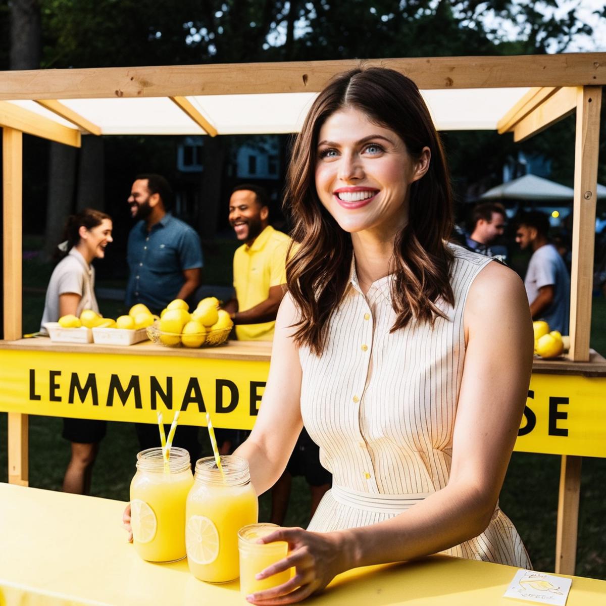 A woman smiling and holding glasses of lemonade.