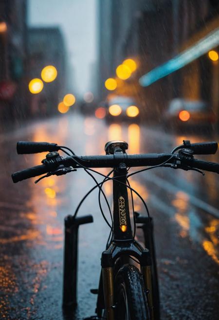 macro photography of  cycle handle, sharp focus, rain drops, neon lights, rain,wet road, bokeh. flying humans. god rays, storm, black golden contrasts, sharp striking details of bokeh lights. DOF.