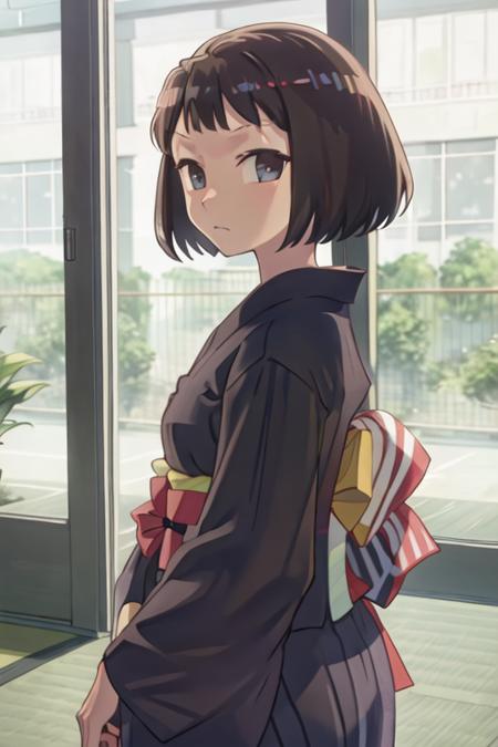 best quality, masterpiece, highres, solo, {yukata:1.40}, {kimono:1.20}, {kanou_koyomi_yagatekimininaru:1.15}, short_hair, black_hair, closed_mouth, indoors, brown_hair, blue_eyes, black_eyes