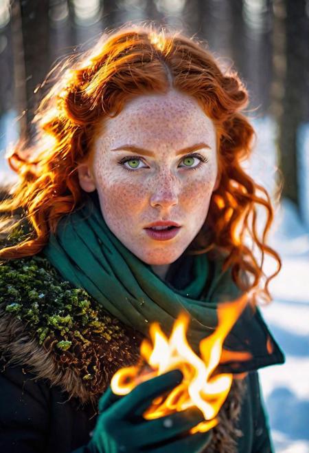 Scandinavian woman in snowy forest, burning hands, breathing fire from mouth,  smoke from nostrils, glowing eyes, magic fire, fire powers, dramatic light, high contrast shadows, creating fire, 
a woman with pyrokinetic powers, in snow storm,( freckles:1.5), green eyes, ginger hair, big curls, looking at viewer, wearing superhero outfit, wrapped in fire, infernal fire melting snow, 
outside medium full shot, dutch angle, twisted view,
cinematic, detailed textures, bokeh, natural lighting, 4k uhd, dslr, soft lighting, high quality, Fujifilm XT3