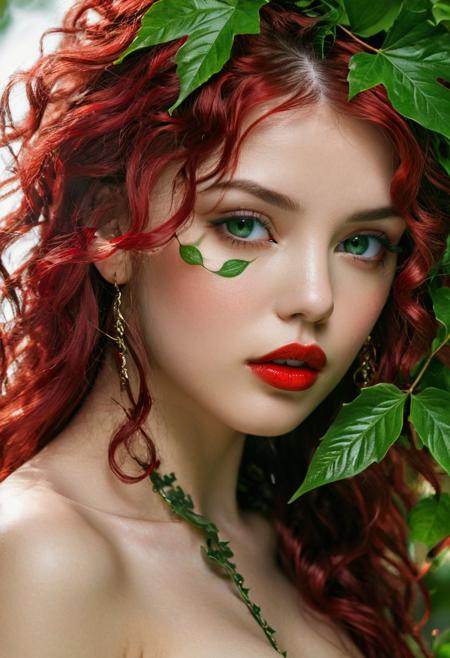 Close-up portrait of a waifu, seductive expression, (luscious red lips:1.2), (piercing (eye color) eyes:1.3), (flowing (hair color) hair:1.2), intertwined with thick, emerald green vines,  vines form ornate patterns on her skin, (intricate leaf details:1.3), soft backlighting, (sensual atmosphere:1.3)