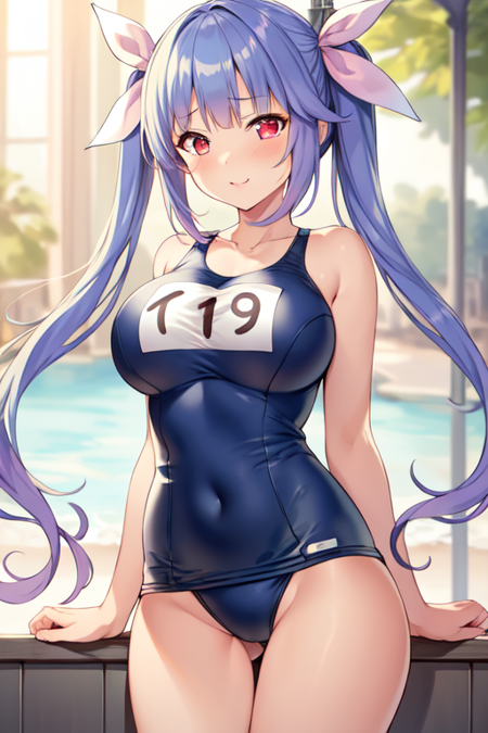 I19KC, 1girl, solo, long hair, ribbon, twintails, swimsuit, hair ribbon,one-piece swimsuit, school swimsuit, name tag, tri tails,large breasts,