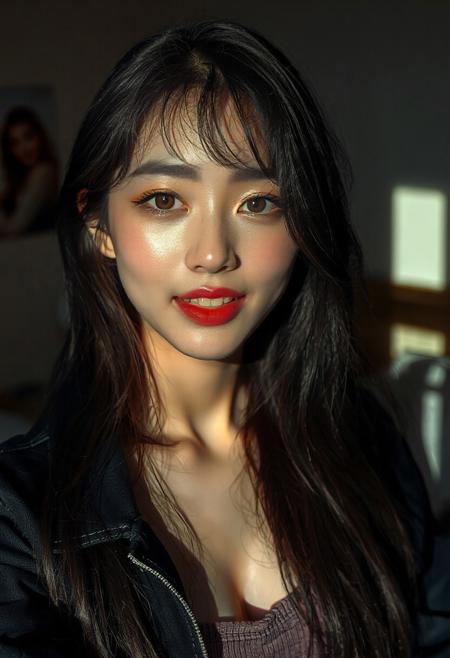 DSLR-style, slender, elegant 26-year-old Korean model, translucent pale skin with natural texture, soft shadow on cheek, diffused daylight from side, parted lips, masterpiece, ultra high-res  
<lora:NOOB_vp1_detailer_by_volnovik_v1:1>
barely visible pores, subtle skin texture variation, translucent skin tone, full body. 
, (8k resolution, absolute masterpiece, ultra detailed, best quality, masterpiece, colorful, highest detailed), (intricate details), (dynamic angle), Stunning illustration of Luminous Valentine,Heterochromia, red left eye, blue right eye ,vampire, long hair, bangs, egyptian eyeliner, red lips, fangs, erotic, sexy, detailed eyes<lora:add-detail-xl:-1.5>
Casual attire: dark navy blue denim jacket, light mauve/dusty rose cropped top, light wash damaged denim shorts, and black and white sneakers. 
 indoors, bedroom.
full-face blush,light smile,half-closed eyes,open mouth,looking at viewer,<lora:Synesthesia:0.45>
Shot in low light with a Nikon Z7 II and a NIKKOR Z 50mm f/1.8 lens, 
(depth of field:1.3),
<lora:MythAnim3Style:0.9>, 
 asian face, (Korean)(black eyes) (masterpiece:1.4), (