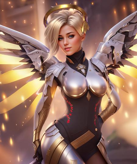 a woman, mercy, wings <lora:Mercy:1>, (Artstation:1.3), (intricate:1.1), (elegant:1.1), (highly detailed:1.2), (great eye detail:0.7), (glowing eyes:0.5), (digital painting:1.2), (smooth:1.1), (sharp focus:1.2), (illustration:1.1), (3d:0.9), (3d_bacground:0.9), 8 k.