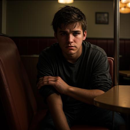 Gritty Portrait Photo of a weary,rugged individual sitting in a sparse,nondescript diner,his eyes betraying a sense of resigned acceptance,illuminated by the stark,fluorescent light overhead,from a close-up perspective,showcasing the film's exploration of fate,inevitability,and the changing nature of the world  ,<lora:more_details:0.7>,<lora:picxer_real:0.7>,male,teen,