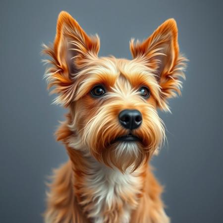 Depict a mixed-breed dog, a cross between a Scottish Terrier and an American Cocker Spaniel. The ears should resemble those of a spaniel, with a wiry coat and a small beard, in a reddish color. The image should be a realistic photograph