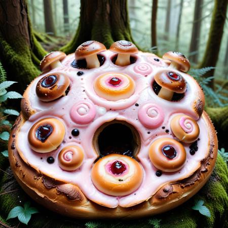 an enchanted forest where mushrooms resemble soft buns, caps layered in swirls of pink dough, glowing jam seeping from fissures, small creatures nesting inside hollowed centers, mist swirling with warm bakery scent, Buns