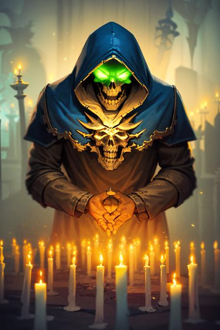 1boy, cowboy shot of skeleton necromancer, glowing eyes, lich, hood on,  candles, green spell, fog, mist, graveyard, volumetric lighting, best quality, masterpiece, wowstyle, <lora:sxz-wowstyle_v4_50_64:1>