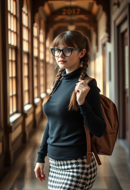 score_9, score_8_up, score_7_up, (realistic:2) , beautiful , masterpiece, thighs up photo,  
Nerdy 21 year old woman, college girl, nervous, timid, looking slightly to the side, cute round face:0.8, pale white skin, light freckles:0.7, big blue eyes, black rimmed glasses,  long shiny brown hair in twin braids with bangs, full pouty lips, lips parted:0.8, teeth visible, naturally red lips,  medium firm round breasts:0.8, petite body, wide hips, skinny:0.9, tight black turtleneck sweater stretched tight over her breasts:0.9, knee length black and white 
houndstooth pencil skirt:0.8, worn leather backpack slung over one shoulder, adjusting her glasses with one hand, walking through hallway of old college, beautiful side lighting from large windows,