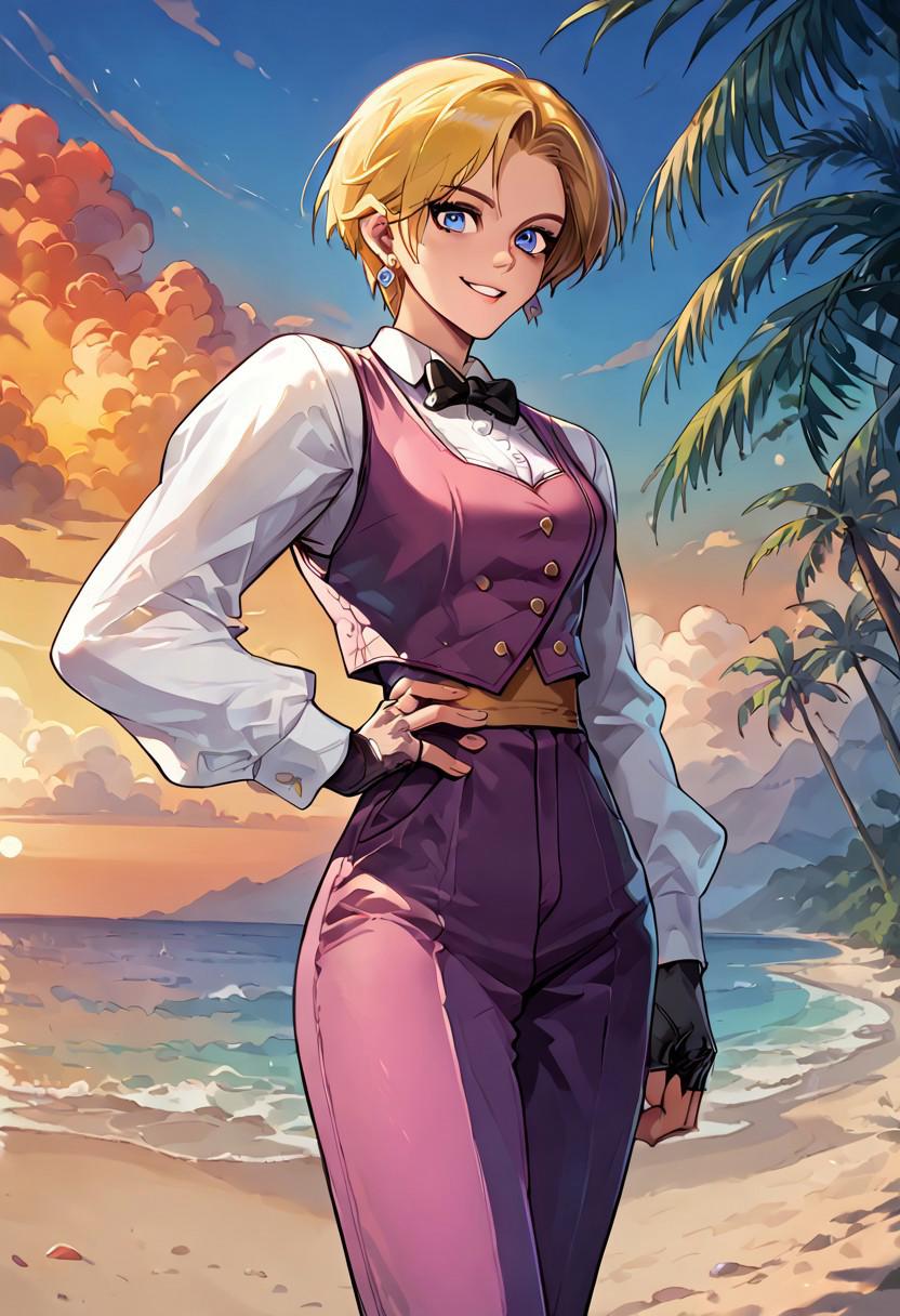 score_9, score_8_up, score_7_up, (Anime Style), (king), cute, seductive, innocent, 
king aof, blue eyes, short hair, blonde hair, earrings (perky big breast), slim body.
purple suit vest, bowtie, collared shirt, fingerless gloves, high-waist pants, long sleeves.
 (full body photo) (cute face, smile) (sexy pose) (view from below)
backlight, (sunset), (beach background), (depth of field), (dynamic angle), (fine textures details), (sharp), (artistic image)
(solo girl, just one girl)