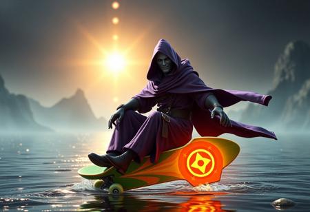 A powerful purple-robed dark magician with a pale gray head, seated on a dynamic green/orange skateboard with bright emblem. Foreground by glistening river, distant radiant Realm of Light background. Cinematic lighting, Unreal Engine 5, Octane Render, Artstation trending, CGSociety, high-res, 4k, intricate details, Golden Ratio, matte painting, impeccable composition.