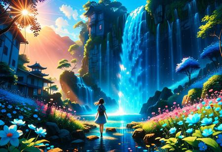 flower, scenery, 1girl, blue flower, outdoors, solo, standing, water, silhouette, glowing, light rays, waterfall, light, house, architecture, sunlight, night, building, fantasy, from behind,
Wide range of colors, Dramatic, Dynamic, Cinematic, 
minimalist flat illustration, Hand drawn flat art illustration, Flat Colour Anime, 
anime artwork, adventure, fantasy, manga-anime, whimsy, serene, surreal, 
aerial shot, aesthetic, dreamy, vibrant, vivid, volumetric lighting, 
textural, artistic, anime style, key-visual, studio anime, beautiful, painterly, 
highly detailed, ultra-detailed, intricate details, absurdres, 
ais-particlez, 
flower made of, tiny neon glass filaments, w0gf1l