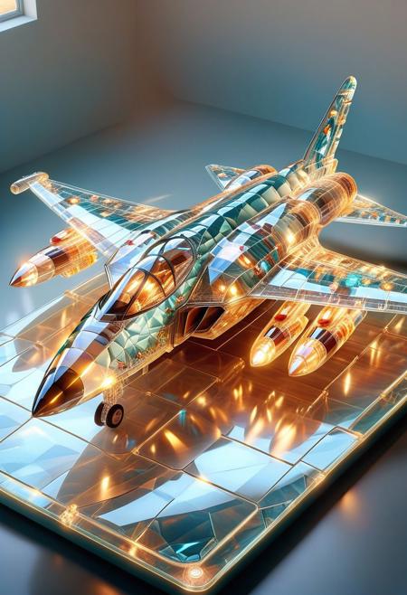 A vibrant, stylized Fighter Jet (detailed parts:1.2),  glowing with fluorescent colors, set in furnished Room background.  The Fighter Jet's parts appear fluorite crystal, with smooth, flowing, and reflective surfaces, (detailed textures:1.2).  The Pillowcase, Fighter Jet sheet are highly detailed, showcasing a unique interplay of light and color, creating a captivating visual effect. BREAK.  The Fighter Jet's headboard and footboard are a golden, metallic bronze hue (detailed metal board: 1.2), golden eard. BREAK. Strong lighting highlights the Fighter Jet's texture, Photorealistic style, digital art, hyperrealistic style, vibrant colors,  glowing effect, and dark background. Crystal Fighter Jet of fluorite, with a golden Pillowcase, Fighter Jet sheet. Ethereal.
