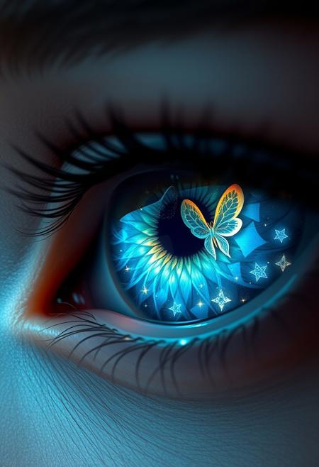 "Hyper-realistic depiction of a pair of eyes that shimmer and glow with intricate, swirling designs. The irises are a deep, rich blue, with delicate patterns of stars, hearts, and butterflies dancing across their surface. The pupils are shaped like tiny fish, with scales that glimmer like diamonds. The eyes seem to hold a deep, inner light, as if the very soul of the person is shining through. The eyelids are thin and delicate, with a subtle sheen that suggests a gentle, otherworldly glow. The surrounding skin is smooth and unlined, with a subtle texture that suggests a gentle, ethereal quality. Style: extremely detailed, hyper-realistic, and dreamlike, with a focus on capturing the intricate patterns and textures of the eyes, and conveying a sense of wonder and enchantment."