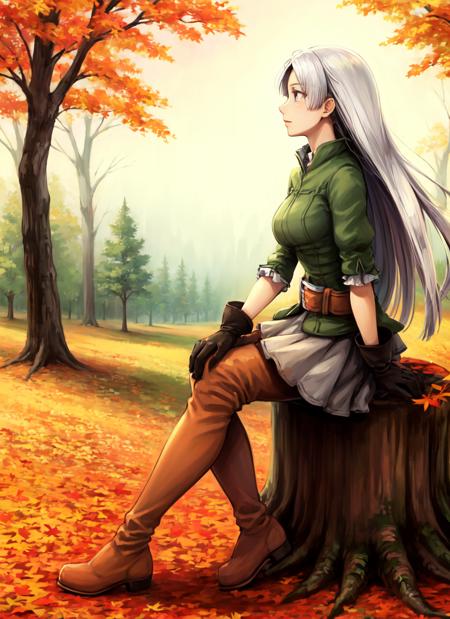 chrissk, 1girl, solo, long hair, green jacket, gloves, belt, skirt, (pants), thigh boots, sitting, forest, tree stump, autum, autumn leaves, tree, full body, from side   <lora:chrisarm_V1-12:0.75>