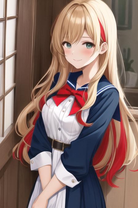 solo, woman, {looking at viewer|looking away|looking to the side} dark hair {blonde streaks|red streaks|blue Streaks}, wearing, {black|red|green|blue} sailor dress, cute face, smirk, {small breasts|medium breasts|large breasts}