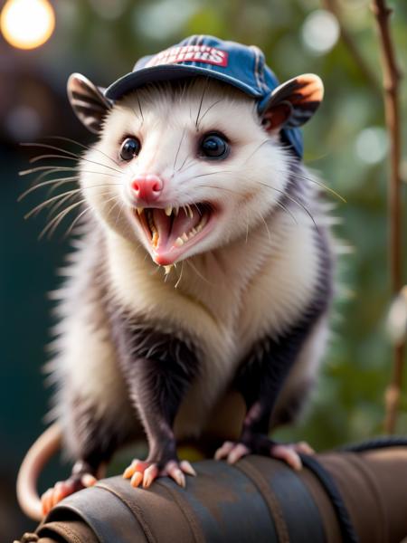 cinematic photo  <lora:Opossum-possum-000002:1> short round, disheveled,  opossum, possum, long nose and overalls  stained trucker hat . 35mm photograph, film, bokeh, professional, 4k, highly detailed