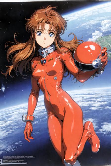 1990s \(style\), 1980s \(style\), 1girl, blue eyes, bodysuit, boots, brown hair, earth \(planet\), gloves, helmet, helmet removed, long hair, looking at viewer, mecha, pilot suit, planet, retro artstyle, science fiction, shiny, shiny clothes, space, space craft, spacesuit, star \(sky\), traditional media