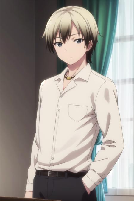 kodakahasegawa, <lora:kodaka hasegawa s2-lora-nochekaiser:1>,
kodaka hasegawa, blonde hair, male focus, multicolored hair, two-tone hair, (black eyes:1.3),
BREAK shirt, jewelry, school uniform, belt, necklace, pants, green pants, white shirt, long sleeves, collared shirt,
BREAK indoors, classroom,
BREAK looking at viewer, (cowboy shot:1.5),
BREAK <lyco:GoodHands-beta2:1>, (masterpiece:1.2), best quality, high resolution, unity 8k wallpaper, (illustration:0.8), (beautiful detailed eyes:1.6), extremely detailed face, perfect lighting, extremely detailed CG, (perfect hands, perfect anatomy),