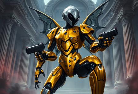 A dramatic dark fantasy digital painting following the Golden Ratio, of a Dark Rose Fairy robot set against the intricate, imposing architecture of an Artmage Academic Arcane Arts Acropolis. The robot's form is rendered with sharp lines and brush strokes, its vibrant gold shiny body detailed with black cheetah spots and silver accents. Black arms and legs provide strong contrast. The silver head is dominated by a enigmatic black visor, rendered with super detailed quality. It holds a formidable black gun in its right hand and displays a fearsome black claw on its left hand. The pose is dynamic and powerful, left leg bent, right leg straight, radiating readiness. Atmospheric lighting illuminates the scene, highlighting the robot's form against the detailed background. Hints of splash ink illustration effects add texture and depth. Stunning colors and harmonious colors create a captivating mood. Beautiful matte painting quality. Exceptional Quality, High Quality, More Detail. Artstation Trending.
