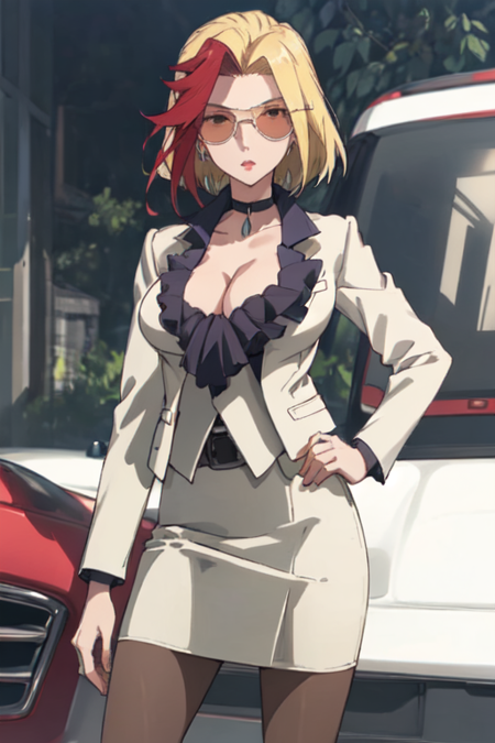 HarukaLuciela, 1girl, solo, short hair, blonde hair, red hair, two-tone hair, large breasts, cleavage, jacket, pantyhose, red hair, sunglasses, choker, belt, miniskirt, formal, suit, pencil skirt
