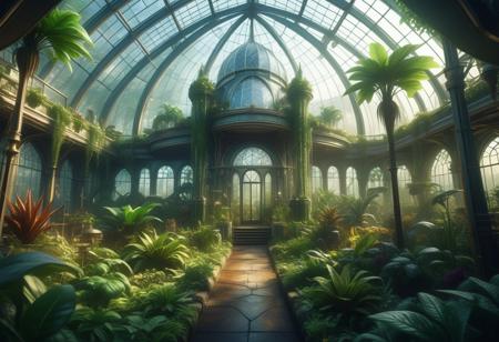 Epic cinematic digital matte painting. Wide shot. A futuristic greenhouse (((city))) fills the frame, extraordinary exotic plants and trees permeate the city's intricate, Victorian-inspired architecture. Wide-angle panoramic view. Inspired by Les Cités obscures, inspired by Urbicande, Lush vegetation. Warm sunlight filters in through the misty, stained-glass. Best quality, meticulously detailed, 8k resolution. Cinematic masterpiece, atmospheric lighting, ecological utopia, biodome architecture, mystical ambiance, futuristic camelot, magnificent botanical garden, legendary hidden city.