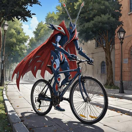 sfw, masterpiece, best quality,absurderes, <lora:AbbadomonCoreXL:1>,1boy,solo,abbadomon core,cape,antenna,two-tone clothing,two-tone skin traditional media,chalk sketch,outdoors,sidewalk,riding bicycle