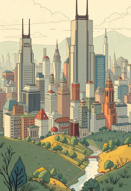 A utopian megacity, its towering buildings rendered in single-line engravings that create illusionistic shadows, peaceful painterly landscapes with quirky, neurotic cartoon characters, soft blended brushstrokes with sketchy expressive linework, warm natural colors with playful pastel accents, serene yet subtly absurd storytelling, tranquil nature scenes infused with observational humor