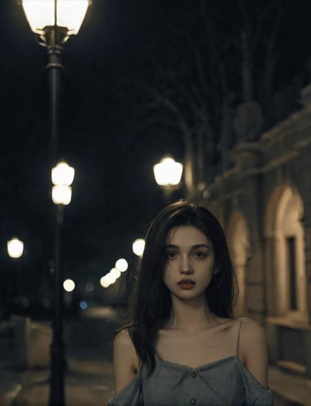 solo,realistic,lips,black hair,collarbone,closed mouth,Beside the outdoor street,the dim light of the street lamps at night shines on one side of the face,1girl,absurdres,(Looking at the camera:1.2),<lora:ChillyV1.0-000020:0.6>,<lora:ä¸æ¹å®¡ç¾ _ BRairt.SDXL_v1.0:0.6>,