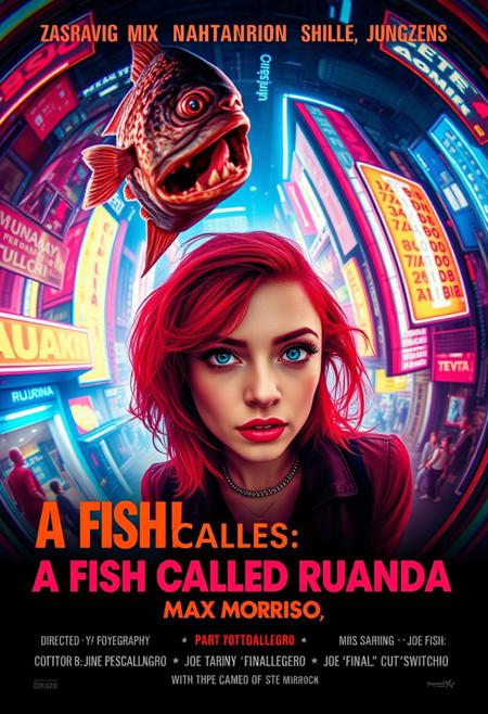 **“A captivating and surreal movie poster for A Fish Called Ruanda, a futuristic B-movie thriller with a girly, campy twist. The scene is viewed through the exaggerated distortion of a fish-eye 12mm cinema prime lens, pulling the viewer into the chaotic, neon-soaked dystopian cityscape. Front and center is the main actress, Katarina Pesceallegro, a striking redhead with a mix of glamour and danger in her expression. Floating ominously nearby is a grotesque, decaying fish, symbolizing the ‘very rotten climax.’
The poster includes bold, retro-futuristic typography for the title A Fish Called Ruanda, with the subtitle in Polish beneath it. The credits at the bottom feature:
	•	Directed by: Max Morrison
	•	Director of Photography: Diego Dalla Luce
	•	Edited by: JOE “FINAL CUT” Switcho
	•	Main Actress: Katarina Pesceallegro
	•	Co-Starring: JOE FISH
	•	With the Cameo of: STEWEN SEAGULL
The design blends neon tones, gritty textures, and campy B-movie flair, making it a trendsetting cinematic experience that teases its quirky, action-packed storyline.”**