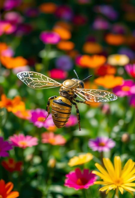 Imagine a close-up of a robotic bee hovering in mid-air, its delicate metal wings shimmering in the sunlight. Surrounding it is a vibrant garden filled with colorful flowers, each petal telling a story of life and beauty. The bee seems to dance gracefully, merging engineering precision with the elegance of nature. In this intersection of technology and the environment, we sense the human desire to harmonize innovation with the natural world.”