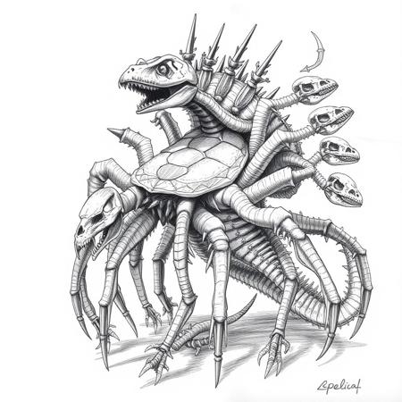 weird cryptic sketch, paleontology, spider turtle snake, multi armed, spikes, regenerative crystals, multiple dinosaur skeletons, 200 legged creature with dinosaur skulls on the ends, spines, bones, creature, ribs, ugly