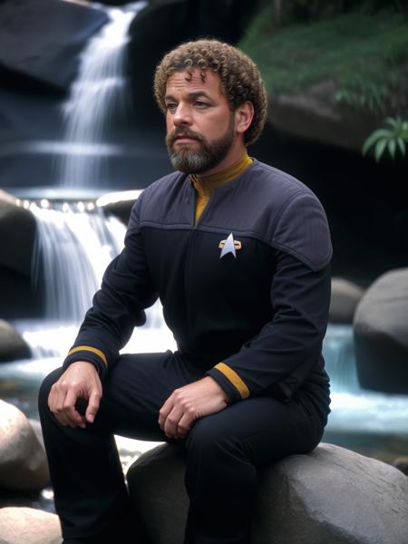 man with curly hair and beard in black and yellow ds9st uniform,sitting on a rock near a waterfall<lora:DS9XLV21_16-000004:0.8>