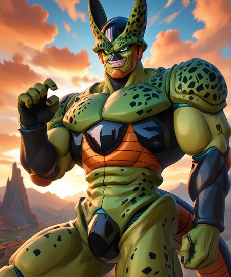 imperfect cell green skin android robot muscles muscular tail dragonball z male focus fingerless gloves