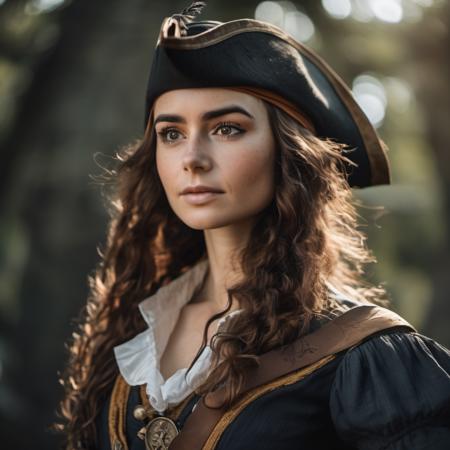 Portrait photo of a beautiful female pirate in the late 18th century, cinematic, Nikon Z9, realistic matte skin, skin texture visible, (sharp focus), (high quality)