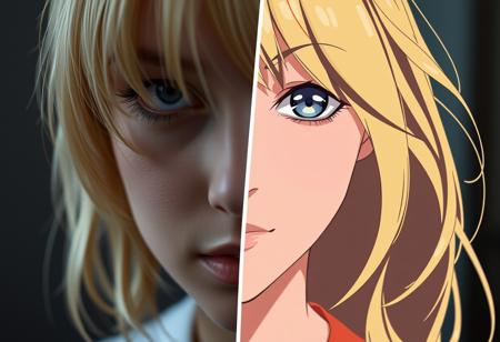 split image, left half photograph, right half anime, young blonde woman close-up