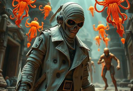 Hyper-detailed of a biomechanical mummy-robot hybrid (bandages fused with corroded metal), wearing a skin-tight nurse uniform under tattered maritime trenchcoat. Creeping menacingly through a cosmic temple, surrounded by floating orange demonic entities and Mr. Nimbus-inspired tentacle accessories. Style fusion: Artgerm's glossy character design, Greg Rutkowski's dark fantasy textures, Alphonse Mucha's symbolic motifs (ankh engravings), and Android Jones' psychedelic space背景. Rendered in Octane with parallax volumetric lighting, Unreal Engine 5 nanite details, and CryEngine's atmospheric depth. Editorial aesthetic: Vogue meets Fantastic Planet, 8K photorealism, micro-textured bandages/rust, golden ratio composition, trending on ArtStation