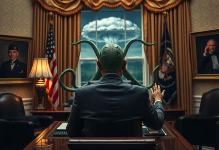 cthulu for president, oval office, mushroom cloud outside window, real photograph, inspector gadget style, photorealistic, correct hands, correct fingers, lovecraftian, vote button, campaign photo, election, elegant scene, facing away, sitting