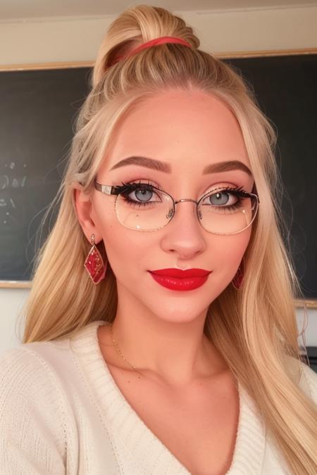 photo of a woman, <lora:sophiadiamond-08:0.5>, sophiadiamond,((ponytail)) ((sweater, glasses, blonde hair hair)), ((closeup, portrait)),((classroom, chalkboard):1.2),smiling, ((red lipstick, eyeliner, eye shadow, blush)), ((best quality, masterpiece, extreme details, high resolution):1.2),((detailed eyes, beautiful eyes, detailed face, beautiful face):1.2)