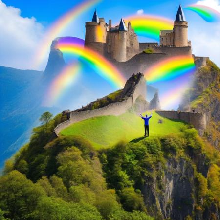 (rainbowfusion style:1) a man standing on top of a mountain with a castle in the background <lora:djzRainbowFusionV21_LoraBooth:1>