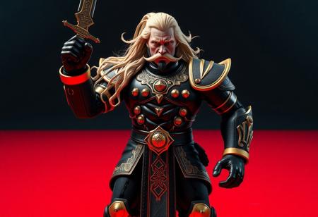 Master Superdimensional Robot Galaxy Destroyer, center in a powerful stance. Black outfit with regal gold accents, flowing blonde hair, rugged mustache. Wielding sword aloft, left hand on hip. Isolated on a vibrant crimson floor. High-res, 4K, Exceptional Quality, Super Detailed face, eyes, clothes. Sharp Lines, Stunning Colors, Impeccable Composition, Cinematic Lighting, Octane Render, Unreal Engine 5, Houdini Style, CGSociety, Artstation Trending on ArtstationHQ, Golden Ratio.