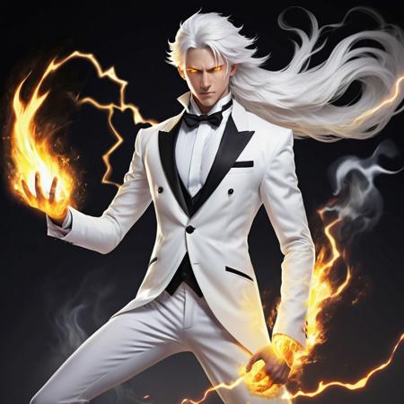 1boy, white hair, long hair, yellow eyes, black eyebrows, white tuxedo, solo, athletic body, fire magic, lightning magic, high height