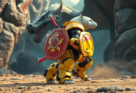 Vibrant yellow Armored White Bear robot, red shield, pink sword, in dynamic action pose on dirt ground, facing right against ominous Cave Dragon background. High-res 4K, Exceptional Quality, Lifelike Details, Super Detailed Eyes, Stunning Harmonious Multi Colors. Beautiful Matte Painting, Impeccable Golden Ratio Composition, Creative Angle, Captivating Cinematic Lighting. Octane Render, Unreal Engine 5, Splash Ink Illustration. Trending on ArtstationHQ, CGSociety. Raphael Style influence, Houdini Style complexity. Handcrafted detail, sharp lines. Playful imaginative scene.