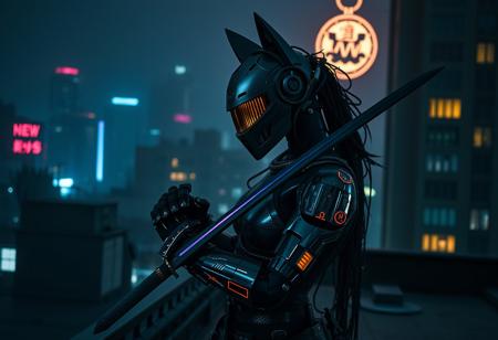 a cyberpunk robot samurai Anthro wolf woman, robot anthropomorphic wolf face with mirrored face shield, robot joints, body made of metals, cables and wires, holding a katana by the hilt, on a cyberpunk rooftop looking down , dim brightly colored lighting from below Neon and building windows lighting, silhouetted in the gloom.  Perfect Composition, realistic photographic image, RAW photo highest quality, perfect directional lighting