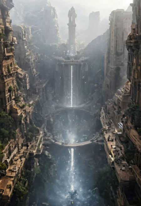 POV view , DOF,
(Ancient civilization, Alien Prometheus movie scene, dune movie scene:1.5), (The colonial city of the future, in the mist-filled Grand Canyon, on an unknown Earth-like planet, 2 moon on sky, Spaceship flight connects colonies, waterfulls:1.3), (Machu Picchu, a mountain settlement, incredibly spectacular:1.2), (Mario Botta:1.3), (avant-garde, future, reality, science fiction, photorealistic), (modern architecture:1.2), White limestone with black granite, fountain, waterfall, landmark, square, path, narrow street,
(Large Files, Ultra Realistic, 8K, 16k, FHD, HD, VFX, Perfect, Photography, composition, Architecture Sales Photography, Architecture Competition, Ultra High Resolution, Cinematography, High Resolution Image:1.1), (dramatic lighting, direct sunlight, ray tracing, clear shadow:1.2),  (real landscape:1.1), (blurred background:1.0), (urban background, more_details) ,
great lighting, clear, hillscastel, <stardeaf-cold-arc>, xtower, industrialbuilding