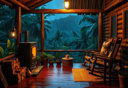 A cozy wooden cabin porch in the middle of a lush, tropical rain forest during a nighttime rainstorm. The porch is warmly lit by a glowing lantern and a crackling fire inside a freestanding black metal fireplace. Rain pours heavily in the background, with mist rising between densely packed forest trees and distant jungle hills. The porch floor is wet and reflective, with stacked logs of firewood, green potted plants, and rustic wooden furniture, including a rocking chair and a small table holding a cup and a pitcher. A woven rug adds a touch of warmth to the space. The overall atmosphere is tranquil, immersive, and cinematic — ideal for a relaxing ASMR or ambient scene. Soft warm lighting contrasts beautifully with the deep blues and greens of the rain forest night.