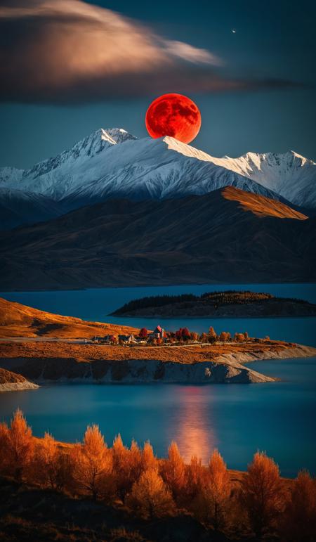 A breathtaking shot of a large full red moon rising behind the mountains at lake tekapo in autumn in new zealand, captured in a macro shot in a dark full of mysterious clouds, incorporating elements that embody the spirit of optimism and possibility infusing a sense of hope; settings: f/10 aperture, 30 sec shutter speed, ISO 200, using a full frame camera with a telephoto lens, from a low angle with the warm tones of the golden hour., <lora:add-detail-xl:1>, <lora:SDXLHighDetail:0.5>